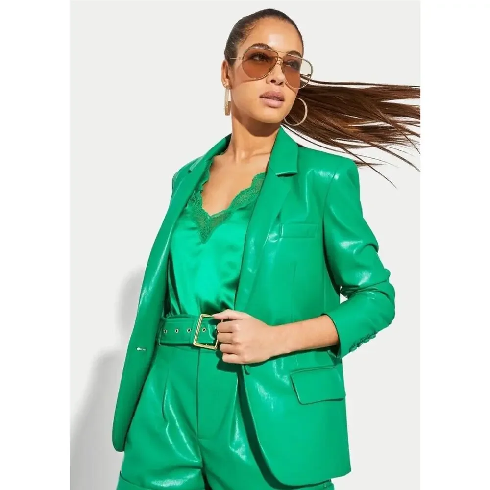 Generation Love Millie Vegan Leather Blazer Ruched Sleeves Notch Lapel Green XS‎